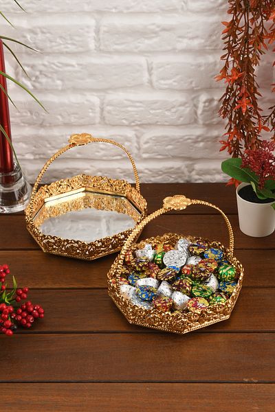 HELVACIOĞLU AKSESUAR 2 Pieces Top Handle Mirrored Sugar Bowl, Chocolate Bowl, Turkish Delight Bowl, Cookie Bowl 15 cm