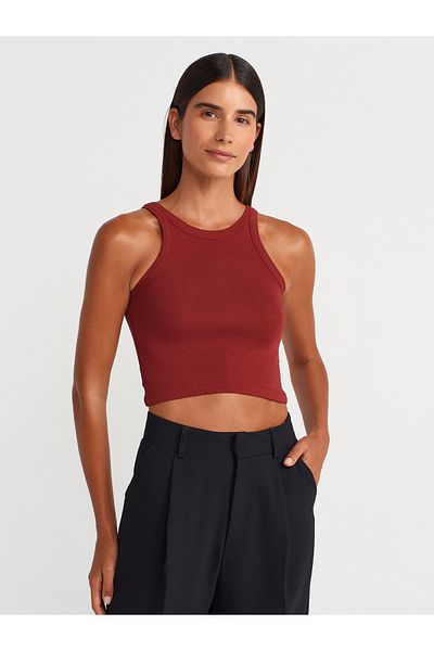 Dilvin 21104 Ribbed Crop Top-Light Burgundy
