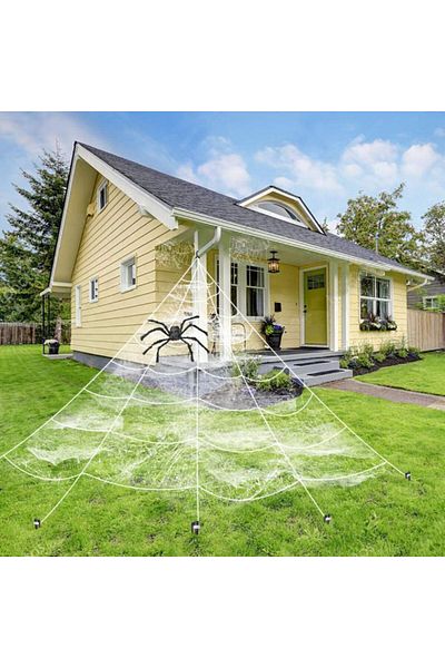 Kohmui Halloween spider web and 6 spiders set, white/black, cotton/plastic