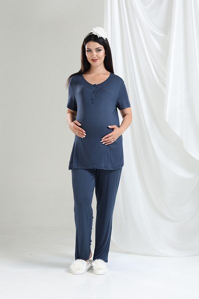 LOHOUSE Women's Tuba Navy Blue Patterned Woven Cotton Maternity Maternity Pajama Set with Dress