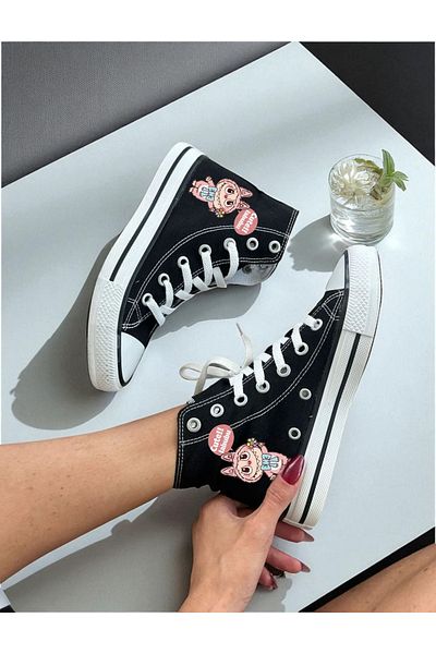 Lideral Labubu Printed Black Unisex Women'S/Men's High Top Linen Shoes Sneaker