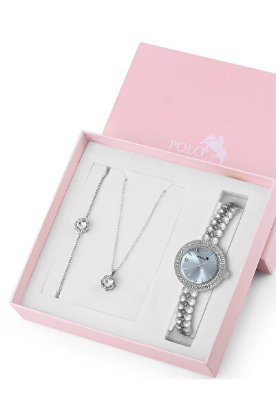 Polo Air İnci Taşlı Görünümlü Kol Saati Zirkon Taşlı Yuvarlak Kolye Bileklik Set Gümüş Mavi Renk ST-2167S5