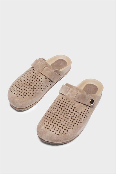 Milaura Women's Beige Suede Perforated Khaki Leather Slippers 20486