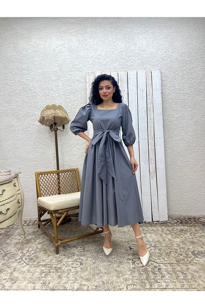 KÜÇÜĞÜM BUTİK Rochie gri cu fundă mare, guler pătrat, poplin evazat