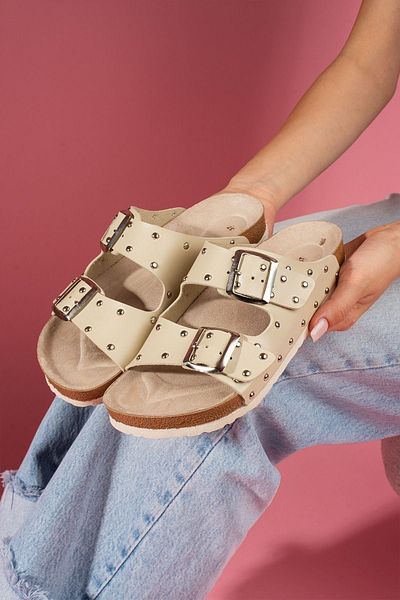 FUGA MODA Troky Beige Double Striped Metal Buckle Staple Detailed Women's Slippers
