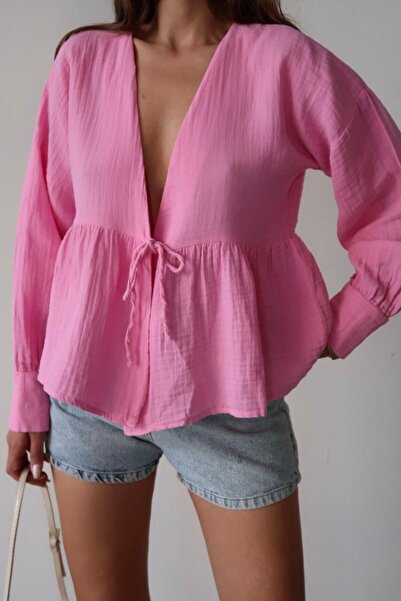 Lusin Kadın Pembe Önden Bağlamalı Uzun Kol Müslin Kumaş Kimono Bluz