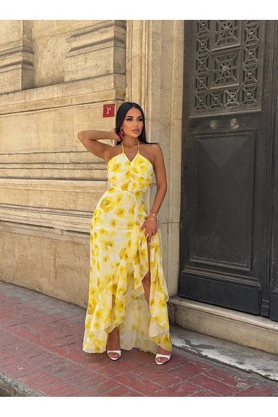 Stil Sepeti Rochie maxi din șifon cu volane, cu model de flori galbene, pentru femei ELY-10001721