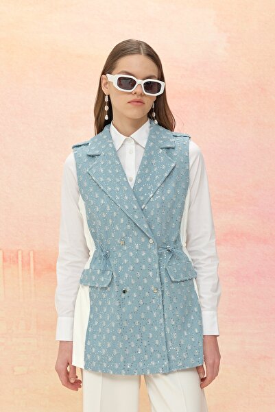 Nihan Beli Büzgülü Simli Kot Denim Yelek Buz