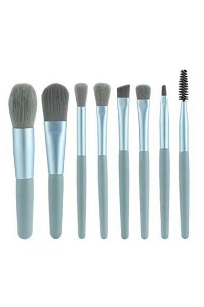 gaman Blue 8 Piece Makeup Brush Set with Leather Case - Practical Portable Travel Size