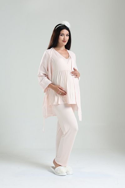 LOHOUSE Women's Tuba Powder Double Breasted Muslim Fabric Maternity Pregnant Pajamas Set with Dress 3 Piece Pajamas Set