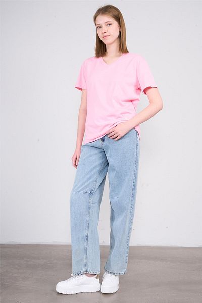 FİTHİT Çetinkaya Fithit 3265 V-Neck Basic T-Shirt Light Pink