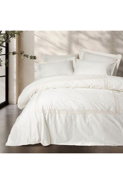 Cotton Box Luxury Bed Linen with Embroidered Satin, Riley Ecru
