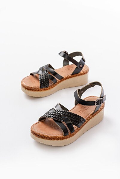 Aymood 730-138 Black Knitted Genuine Leather Orthopedic Sole Women's Sandals