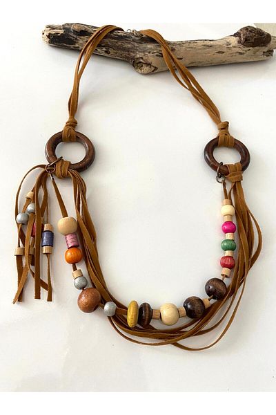 canan dizayn Bohemian Authentic Suede Rope Wooden Bead Special Style Necklace with Ring