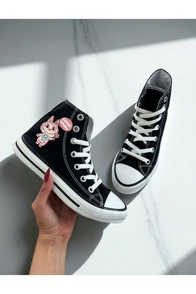 Lideral Labubu Printed Black Unisex Women'S/Men's High Top Linen Shoes Sneaker