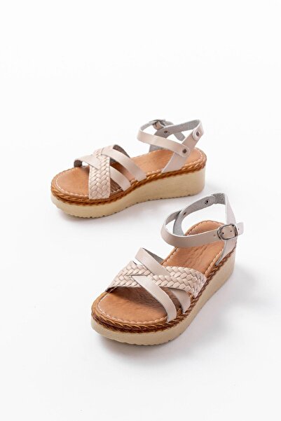 Aymood 730-138 Beige Knitted Genuine Leather Orthopedic Sole Women's Sandals