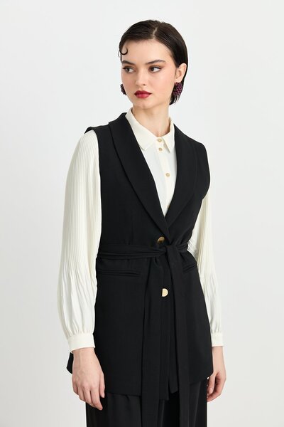 Nihan Kuşaklı Şal Yaka Yelek Siyah