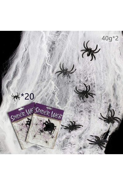 Maxee Set of 2 webs and 20 spiders for Halloween Maxee, cotton/plastic, white/black
