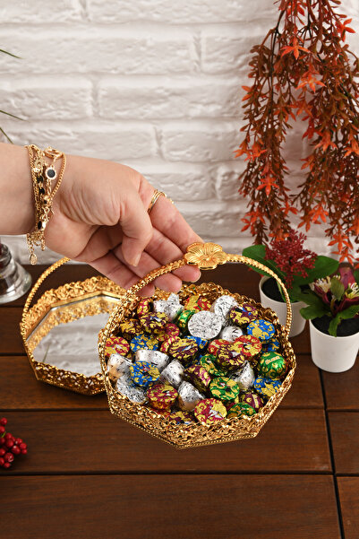 HELVACIOĞLU AKSESUAR 2 Pieces Top Handle Mirrored Sugar Bowl, Chocolate Bowl, Turkish Delight Bowl, Cookie Bowl 15 cm