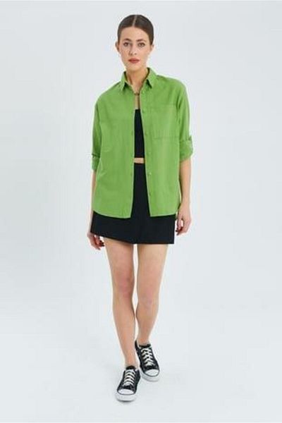 Mixray 9942 Women's Oxford Long Sleeve Basic Shirt Pistachio Green