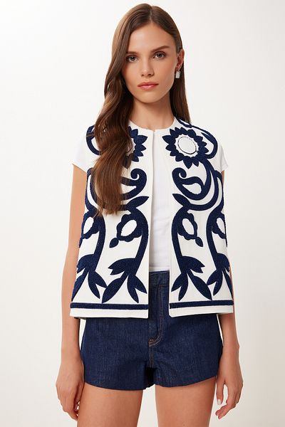 Lovelyİstanbul Flower Motif Linen Vest Ecru Dark Blue Lqs0016