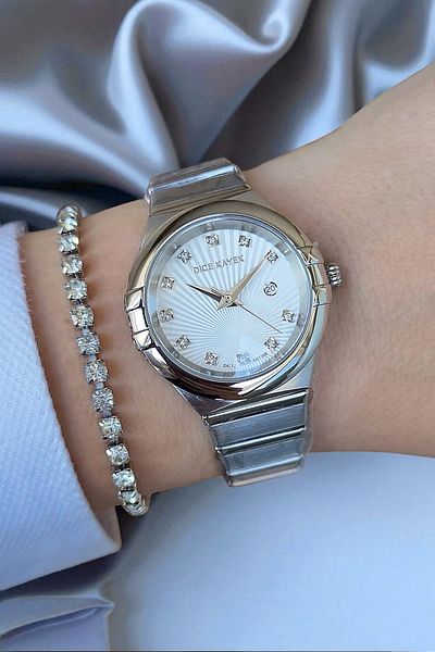 Dice Kayek Zircon Stone 5Atm Waterproof White Dial Steel Women's Wristwatch with Calendar and Bracelet Gift