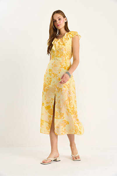 Bianco Lucci Kadın Yakası Fırfırlı Astarlı Yırtmaç Detaylı Çiçek Desenli Elbise 3064 60283462