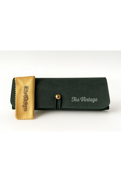 Toz Vintage Khaki Color Gold Accessories, Drawstring Leather Glasses Case and Glasses Cloth