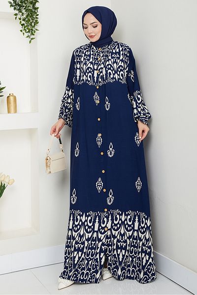 Bestenur Φόρεμα Çilay με κουμπιά υφαντό βισκόζη 1561 - Navy Blue