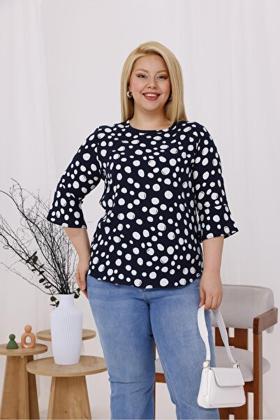 Siyezen Plus Size Flared Sleeves Polka Dot Blouse