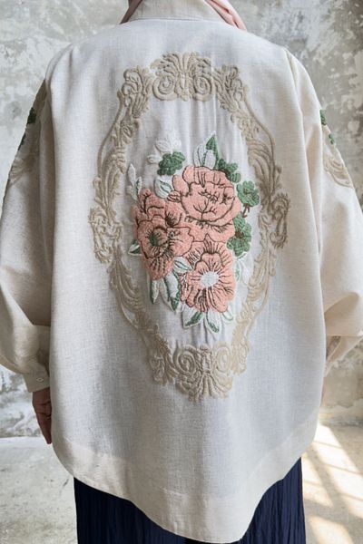 Hatun Atila Λεπτομερές λινό παλτό Oversize με κέντημα λουλουδιών 8823 - Μπεζ