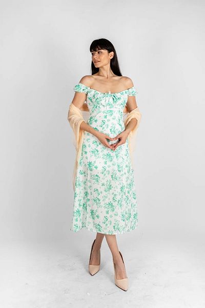 Bak Moda Floral Patterned Midi Length Lined Green Dress