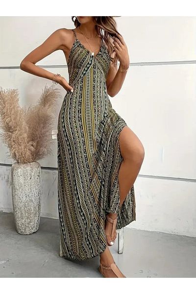 Modayakamoz New Season Women's Stylish Single Jersey Dress with Rope Strap Back Cross Detail and Slit Pattern