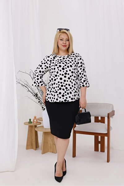 Siyezen Plus Size Flared Sleeves Polka Dot Blouse