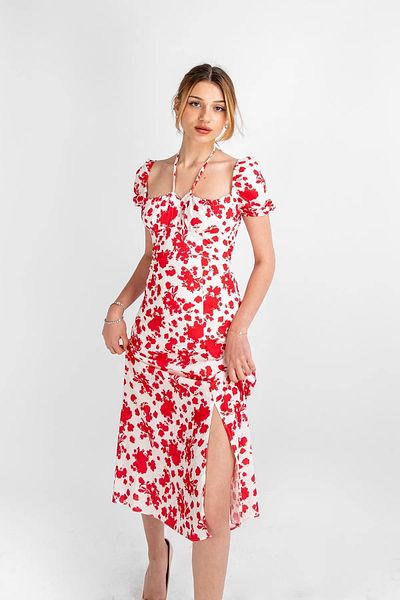 Bak Moda Floral Patterned Midi Length Lined Red Dress