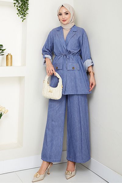 Bestenur Tunnel Belt Jacket Trousers Double Suit 1566 - Dark Blue
