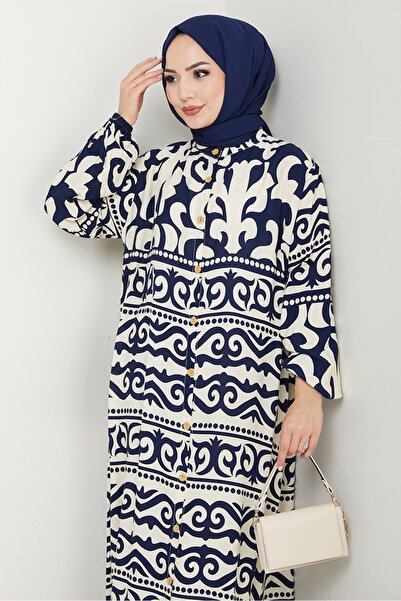 Bestenur Caned Buttoned Woven Viscose Dress 1560 - Navy Blue