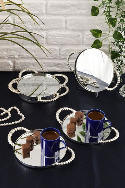 HELVACIOĞLU AKSESUAR 6 Pieces Mirrored Handled Coffee, Cake, Cake, Baklava, Cookies, Tea Presentation Tray 15 cm