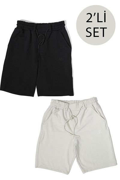 ASG TEKSTİL Set of 2 Cream-Black Color Dobby, Slim Fit Men's Shorts