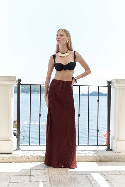 BOHEMAİ Eubah Wrinkled Long Burgundy Satin Skirt