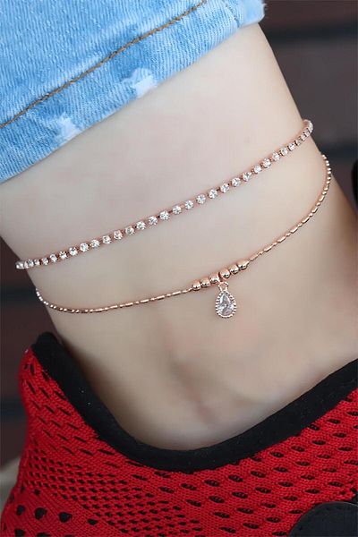 SeyCey.co Zircon Stone Rose Color Plated Double Chain Hal Hal