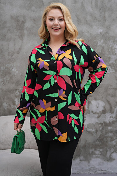 Polologin Butik Black Viscose Tunic with Flower Leaf Pattern