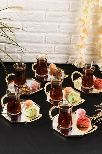 HELVACIOĞLU AKSESUAR 6 Pieces Mirrored Handled Coffee Cake, Cake, Baklava, Cookies, Tea Presentation Tray 15 cm