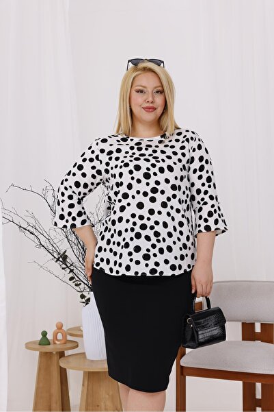 Siyezen Plus Size Flared Sleeves Polka Dot Blouse