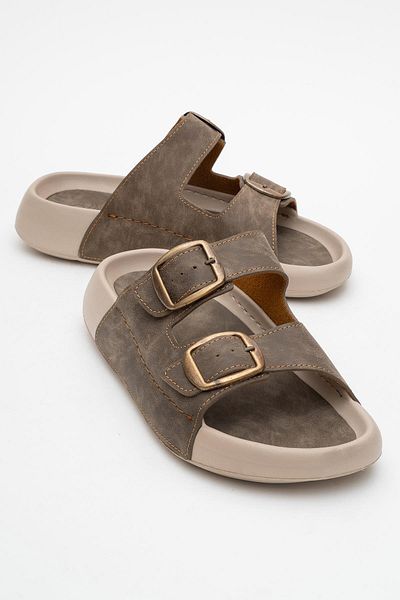CCWAY AYAKKABI Men's Gold Buckle Slippers Mink