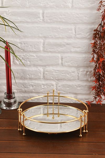 HELVACIOĞLU AKSESUAR Mirrored Wire Decorative Treat Tray, Coffee, Tea Presentation Tray 24 cm