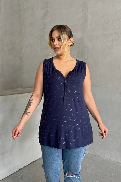 Stil Diva Plus Size Zero Sleeve Pattern V Neck Front Button Long Cutout Blouse 1370989