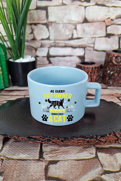 giftkonsept As Every Cat Owner Knows Nobody Owns a Cat Written Funny Cat Square Cup with Handle Blue Mug Cup