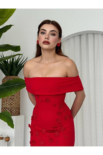 ETİKAFASHION Straplez Papatya Detaylı Yırtmaçlı Kadın Elbise