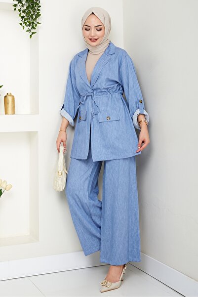 Bestenur Tunnel Belt Jacket Trousers Double Suit 1566 - Light Blue